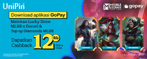 Oktober  – Top up diamonds MLBB di UniPin Cashback 12Ribu GoPay Coins. Mainkan Lucky Draw MLBB x Ducati!